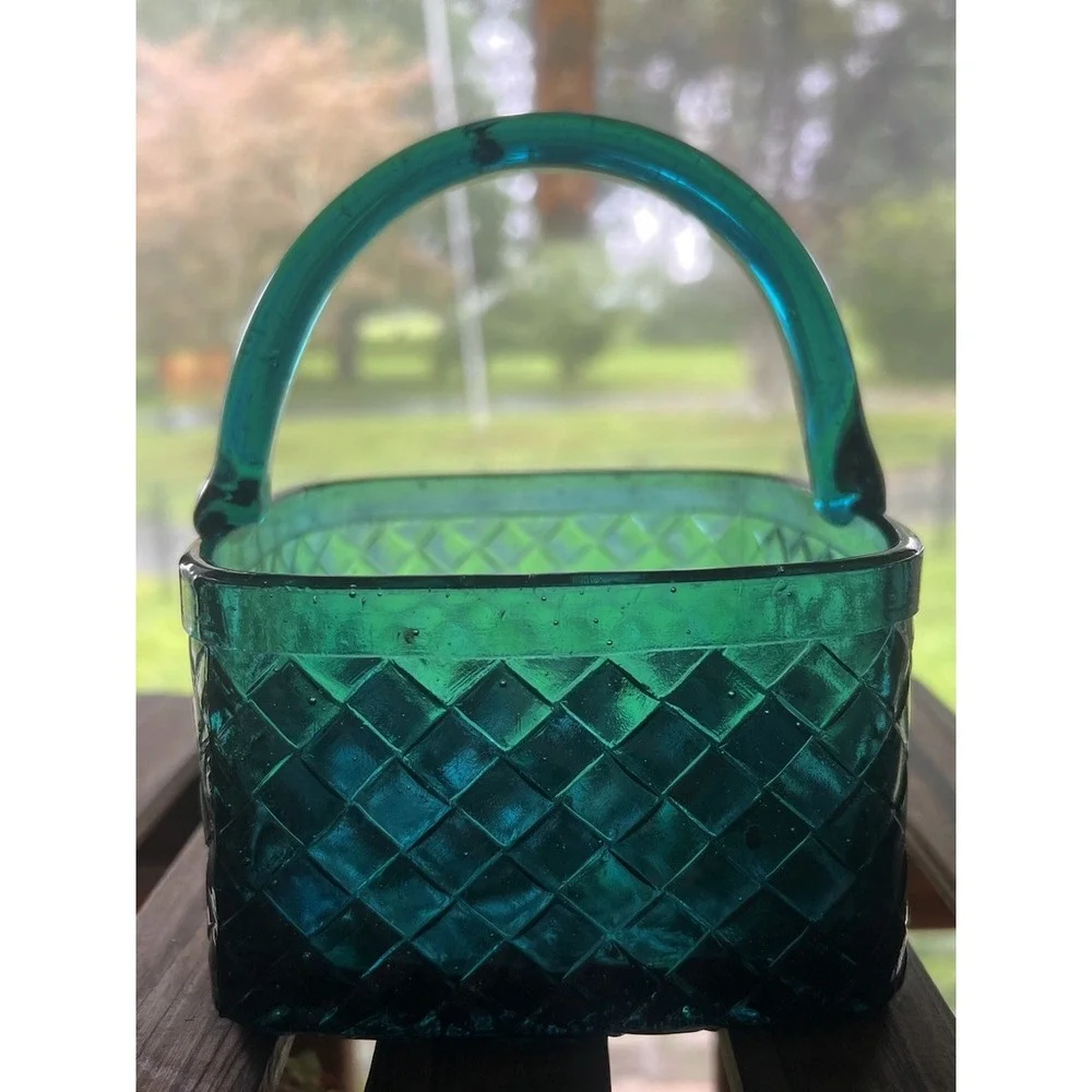 Vintage Shiah Yih Teal Blue Art Glass Basket Hand Made Taiwan 6